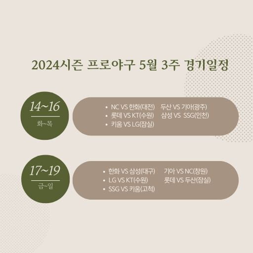 2024시즌 프로야구 5월 셋째주 일정
